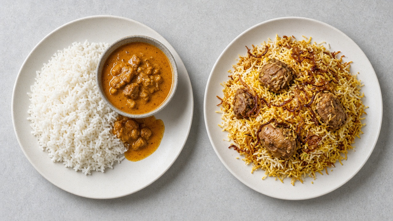 白いご飯にカレーを添えた皿と、米と具を一緒に炊いた皿を並べて真上から撮ったイメージ写真
