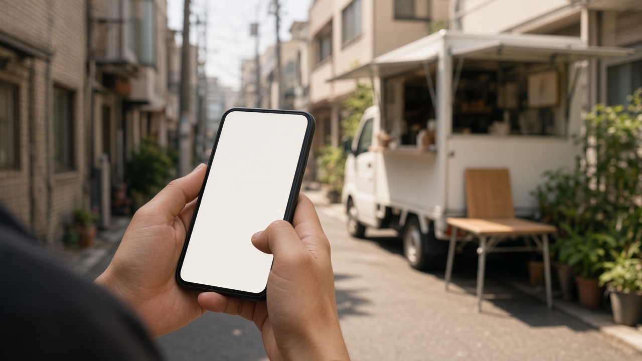 路地でスマートフォンを見る手元と、奥に停まるキッチンカーのイメージ写真