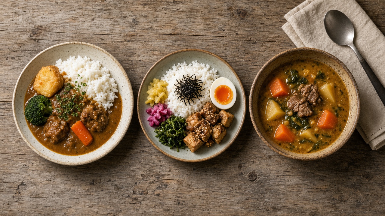 木のテーブルに三種類のカレーが並ぶ、真上から撮ったイメージ写真