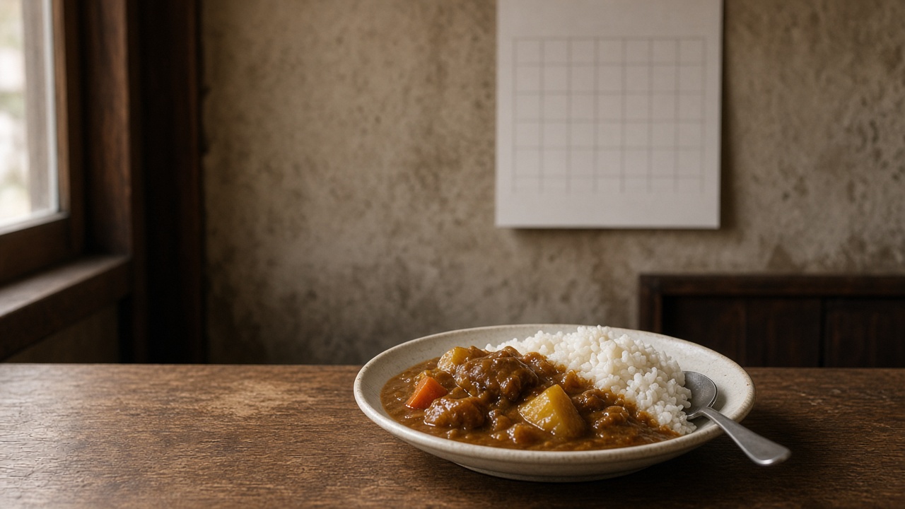 壁に掛かった白紙のカレンダーと、木のカウンターに置かれたカレーの皿のイメージ写真