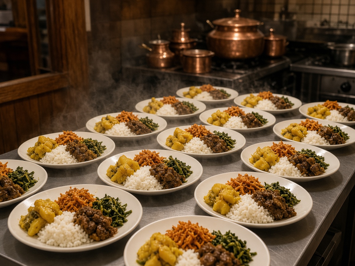 カウンターに並ぶスリランカのライス＆カリーの皿。チャリティ食堂の提供イメージ