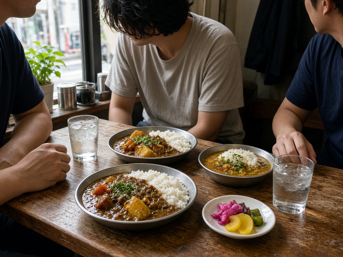 小さなカレー店でスパイスカレーを囲むオフ会のイメージ写真