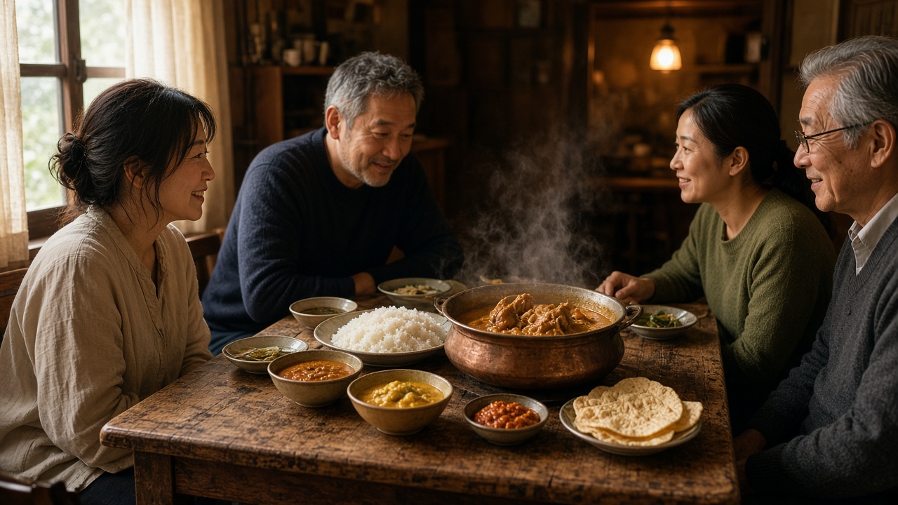 仲間と卓を囲み、スリランカのライス＆カリーを分け合うオフ会のイメージ写真