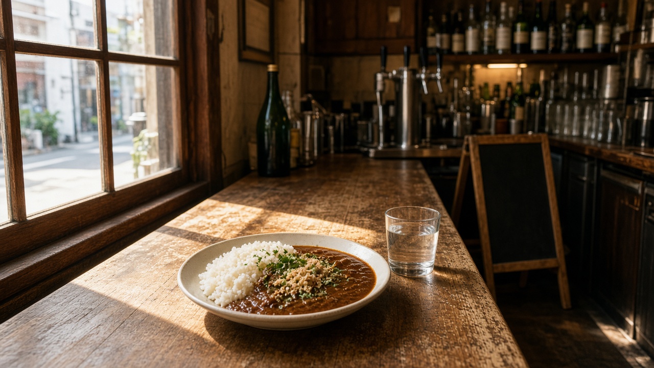 昼の光が差し込むバーのカウンターに、カレーの皿が置かれているイメージ写真