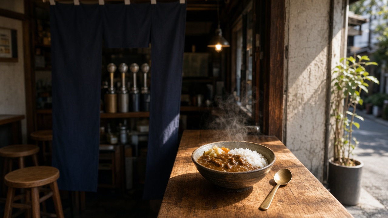 昼間の路地裏の小さな店で、スパイスカレーがカウンターに置かれているイメージ写真