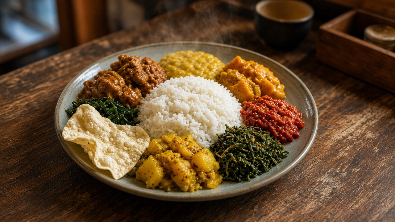 白いごはんを中心に、複数のスリランカカレーとパパダムが並ぶライス＆カリーのイメージ写真