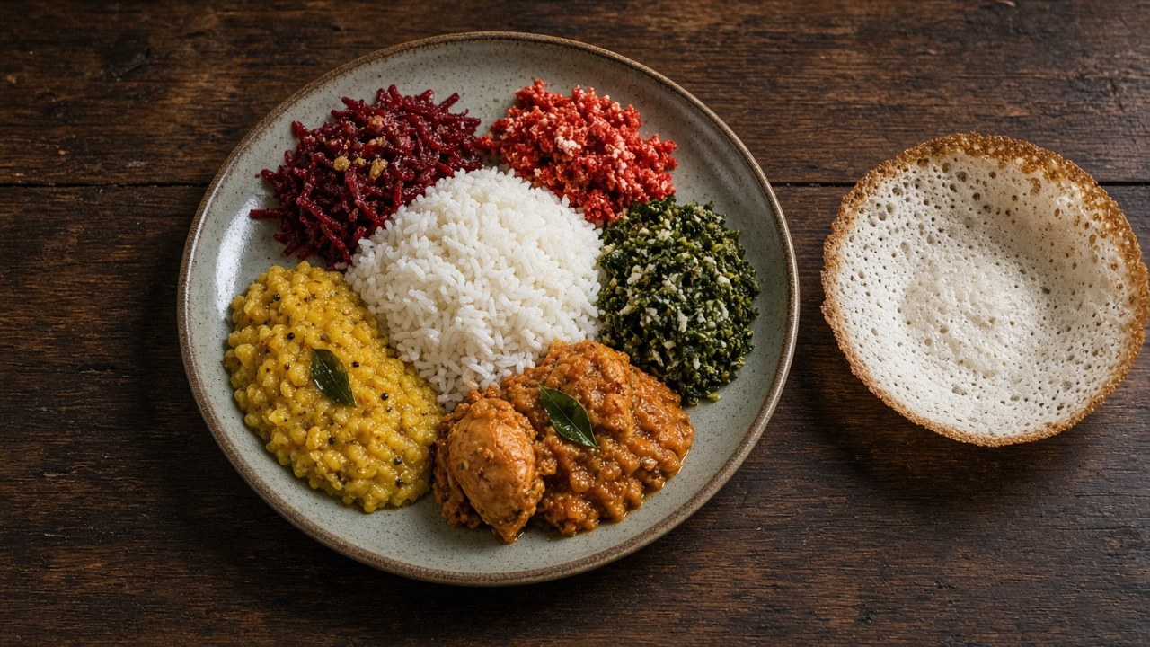 白いライスを中心に豆や鶏、青菜、ココナッツの副菜を並べた丸皿と、ボウル型の発酵米生地を木のテーブルに置いたイメージ写真
