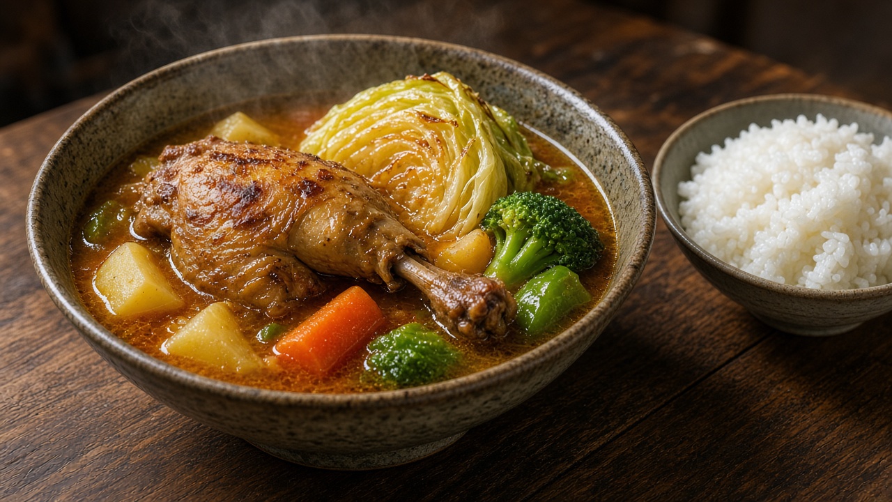 澄んだ赤茶色のスープに骨付きチキンとじゃがいも、にんじん、キャベツを入れた器と、白いご飯の器を並べたイメージ写真