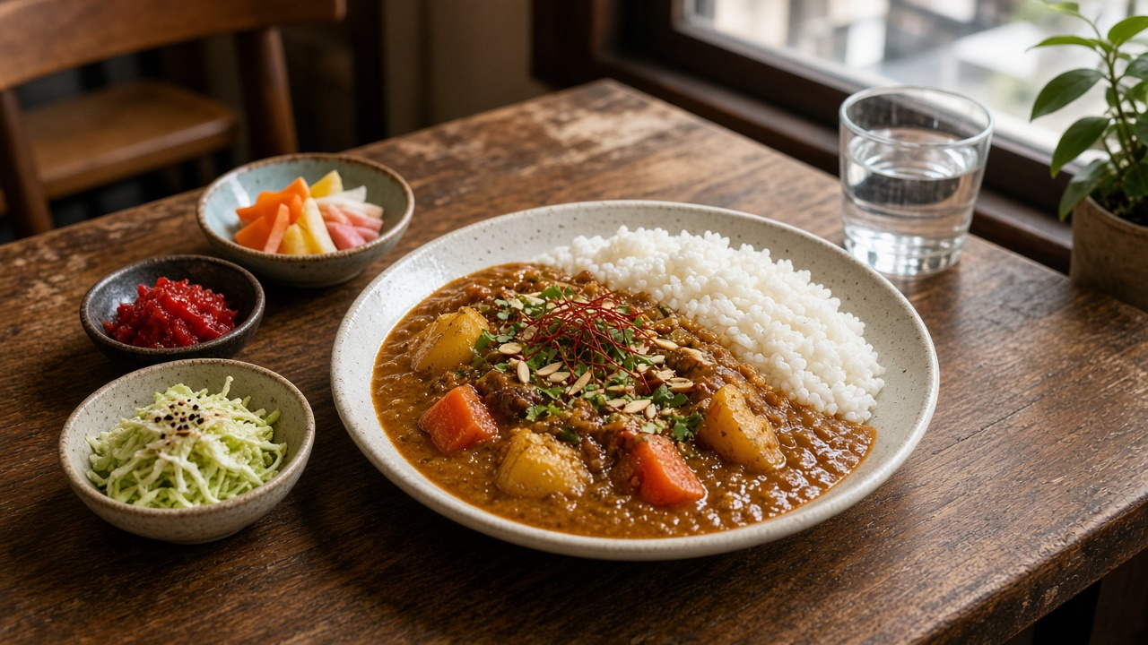 木のテーブルに並ぶスパイスカレーと副菜。東京の小さな店で食べるランチのイメージ写真