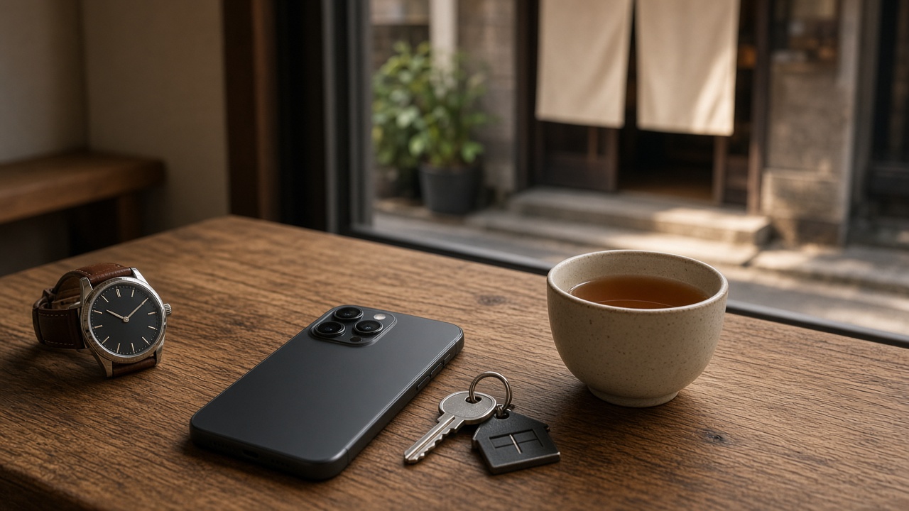 テーブルに伏せたスマートフォンと時計。行く前に最新案内を確認するイメージ写真