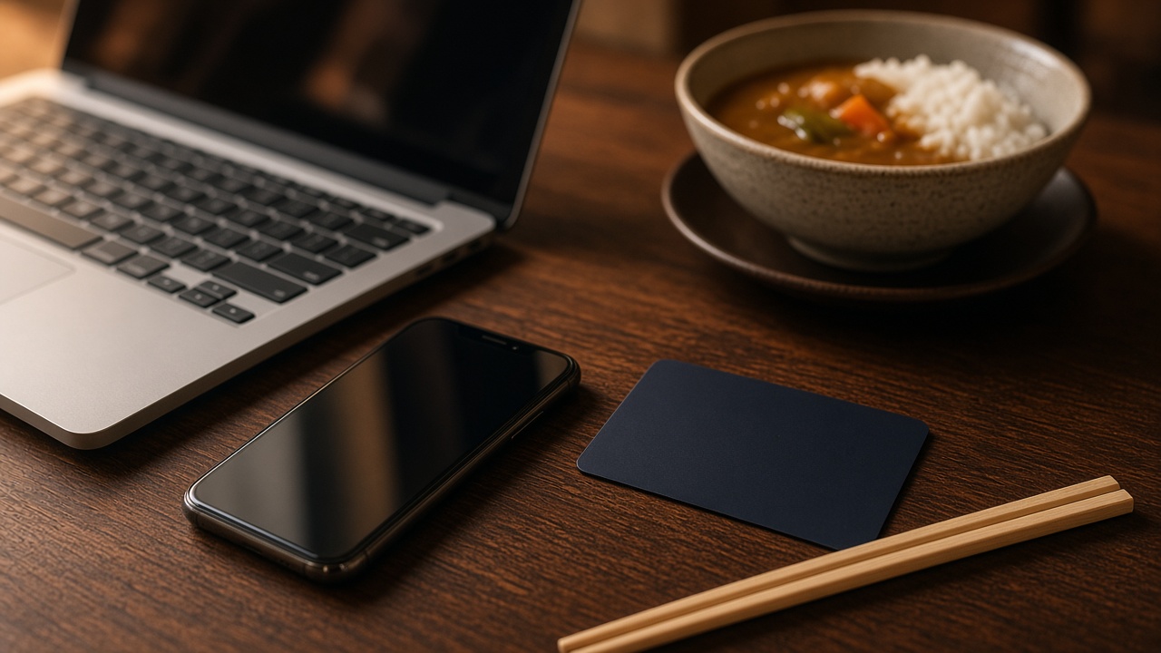ノートパソコンとスマートフォン、小さなカレー皿。予約や公式案内へつなぐイメージ写真