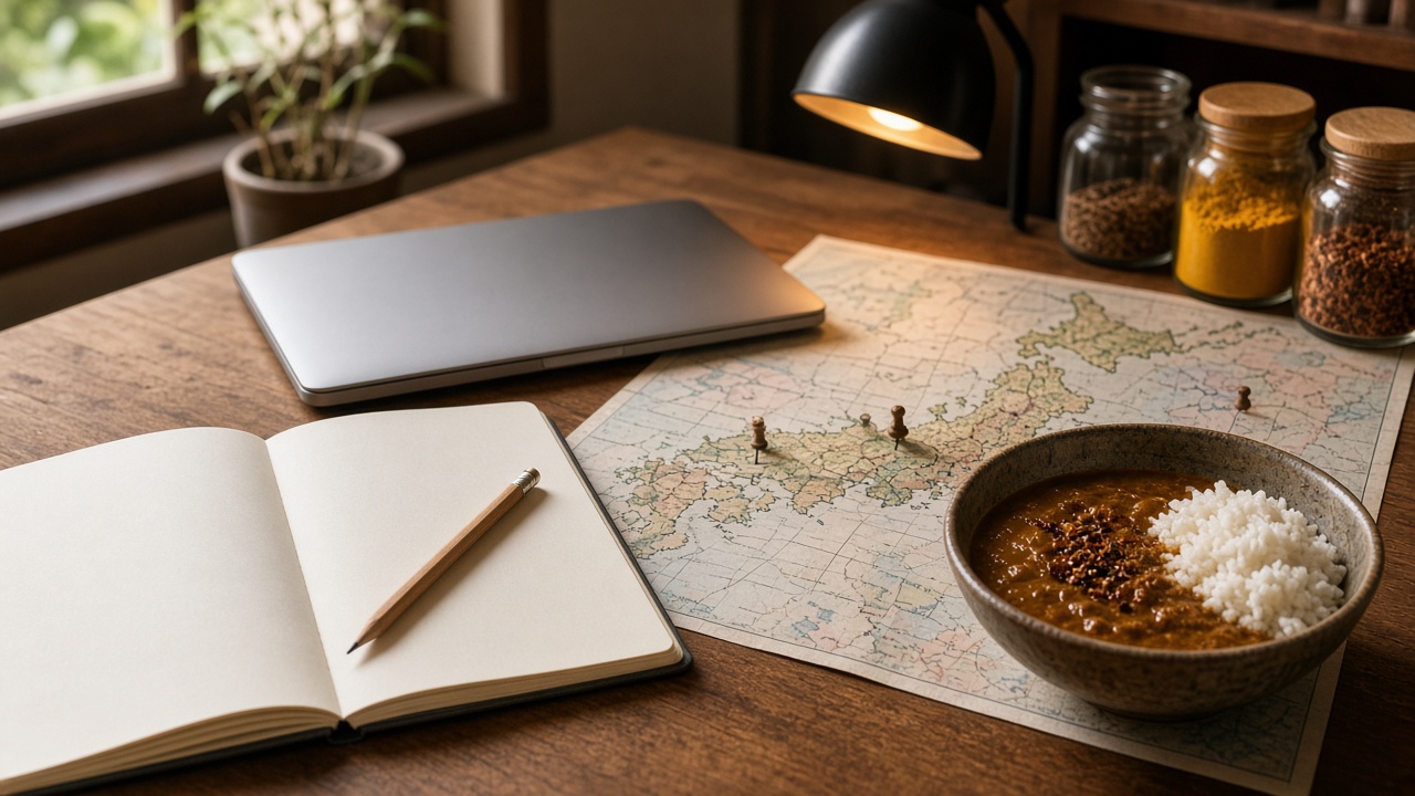 ノートと地図、スパイスカレーが並ぶ机。カレー専門の案内を作り始めたイメージ写真