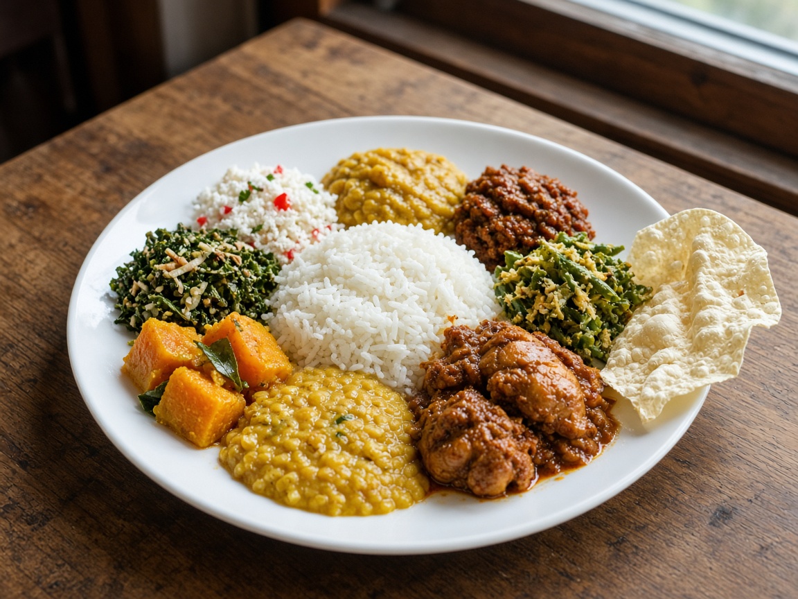 かぼちゃ、レンズ豆、チキンカレーなど複数のおかずが並ぶスリランカのライス＆カリーのイメージ写真