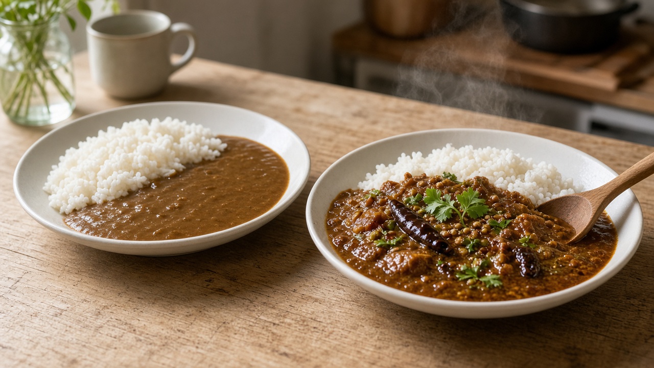 学食風のカレーライスと、スパイスの効いた一皿が並ぶイメージ写真