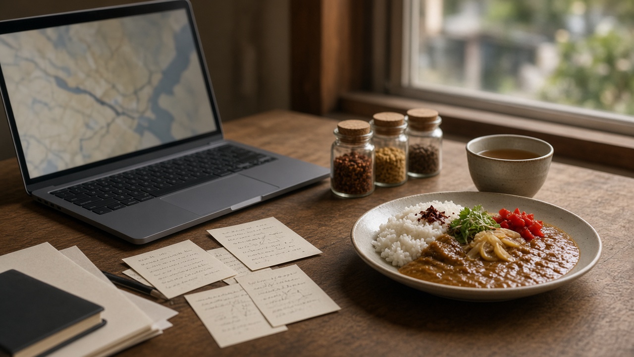 パソコンとカード、スパイス瓶、カレー皿。一軒ずつ整理するイメージ写真