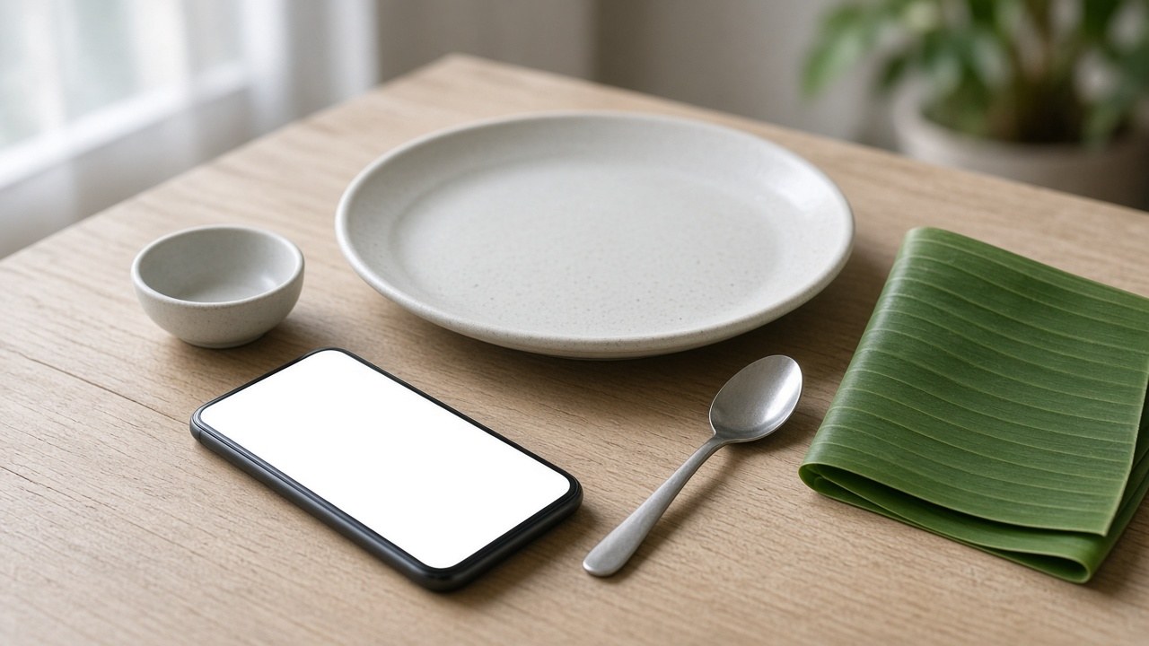 木のテーブルに画面が白いスマートフォンと、空の丸皿、スプーン、小鉢、たたんだ葉を置いたイメージ写真
