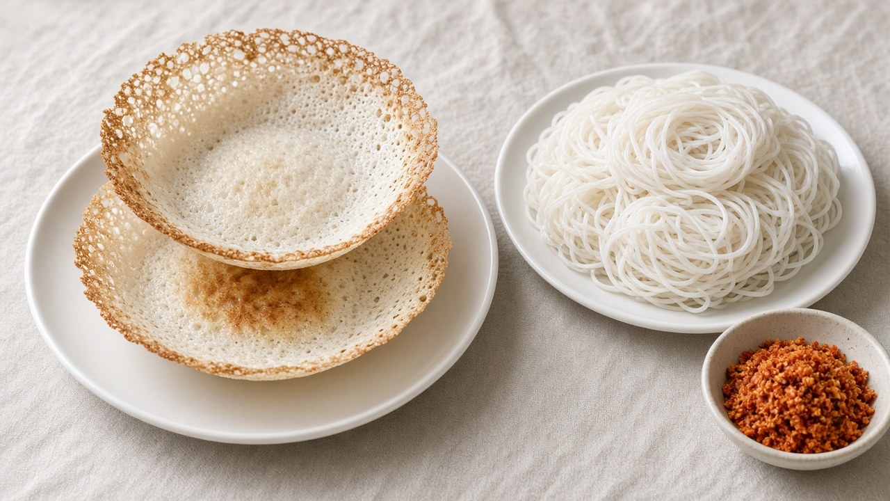 縁が薄く焼けたボウル型の発酵米生地を重ねた皿と、細い米の麺を丸めたものを乗せた別の皿を並べたイメージ写真