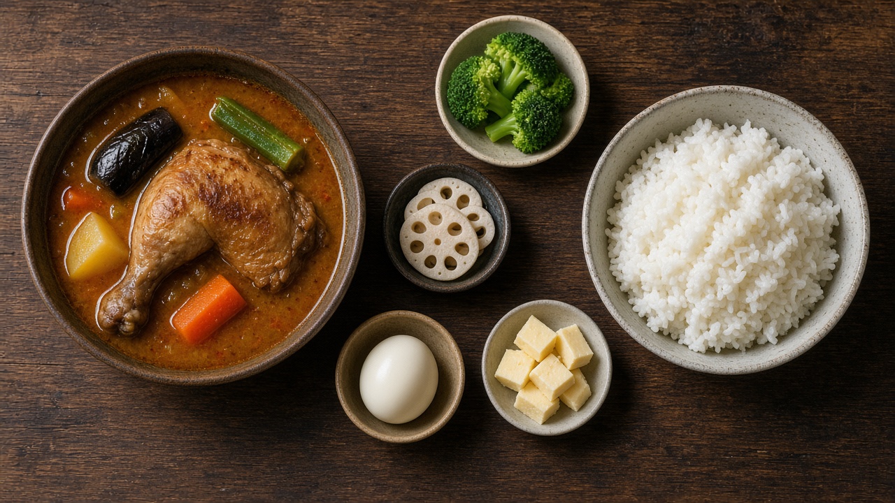 スープカレーの器とご飯、追加する具を入れた小鉢を真上から並べて撮ったイメージ写真