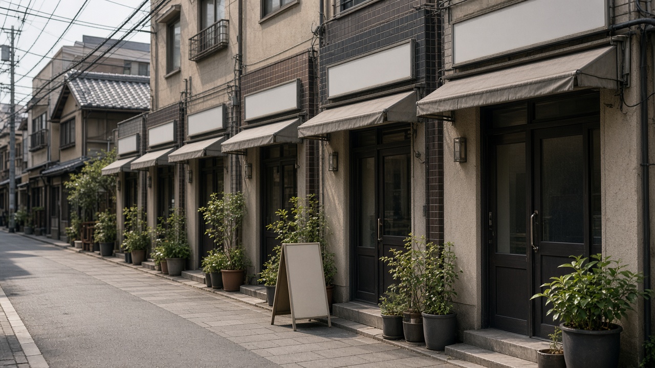 似た造りの小さな店の入口が続く、文字のない看板が並んだ路地のイメージ写真