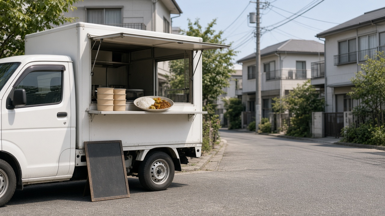 住宅街の道端に停まり、側面を開けて持ち帰り容器を並べたキッチンカーのイメージ写真