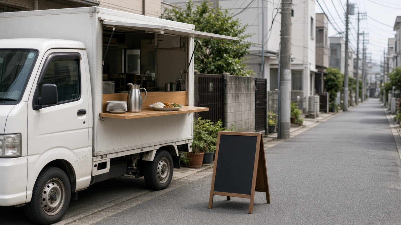 住宅街の道端に停まり、側面を開けたキッチンカーと文字のない黒板のイメージ写真