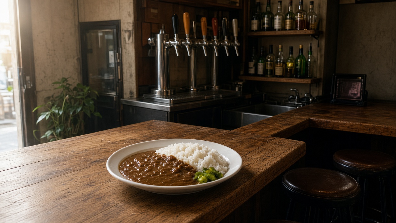 ビールサーバーのあるバーカウンターに、昼のカレーが置かれているイメージ写真