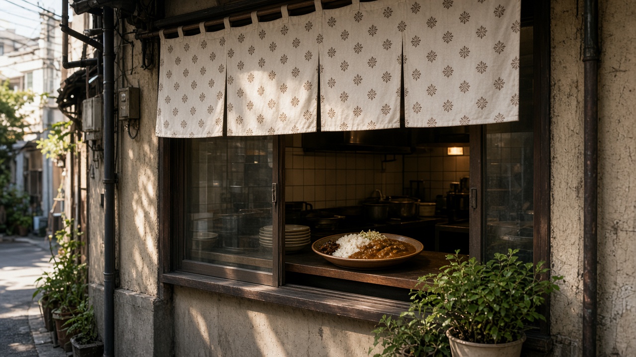 暖簾のかかった小さなカレー店の店先。東京の常設スパイスカレー店のイメージ写真