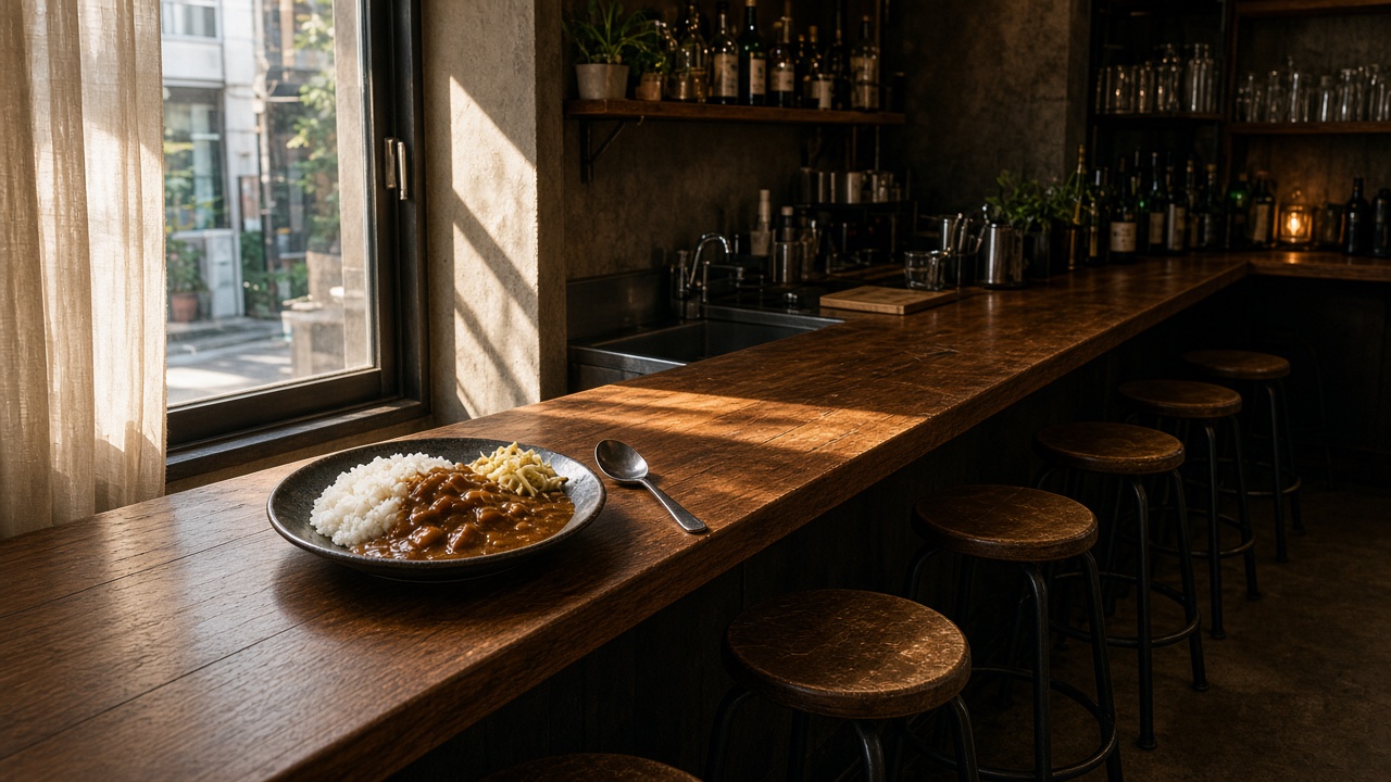 夜はバーに見える小さな店のカウンターで、昼だけカレーが出ているイメージ写真